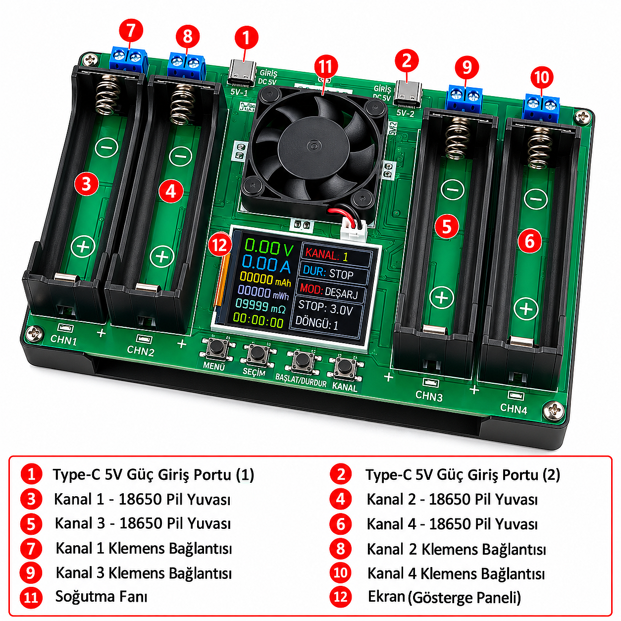 4 Kanallı 18650 LCD Dijital Lityum Pil Kapasite Ölçüm ve Test Cihazı Modülü - 2
