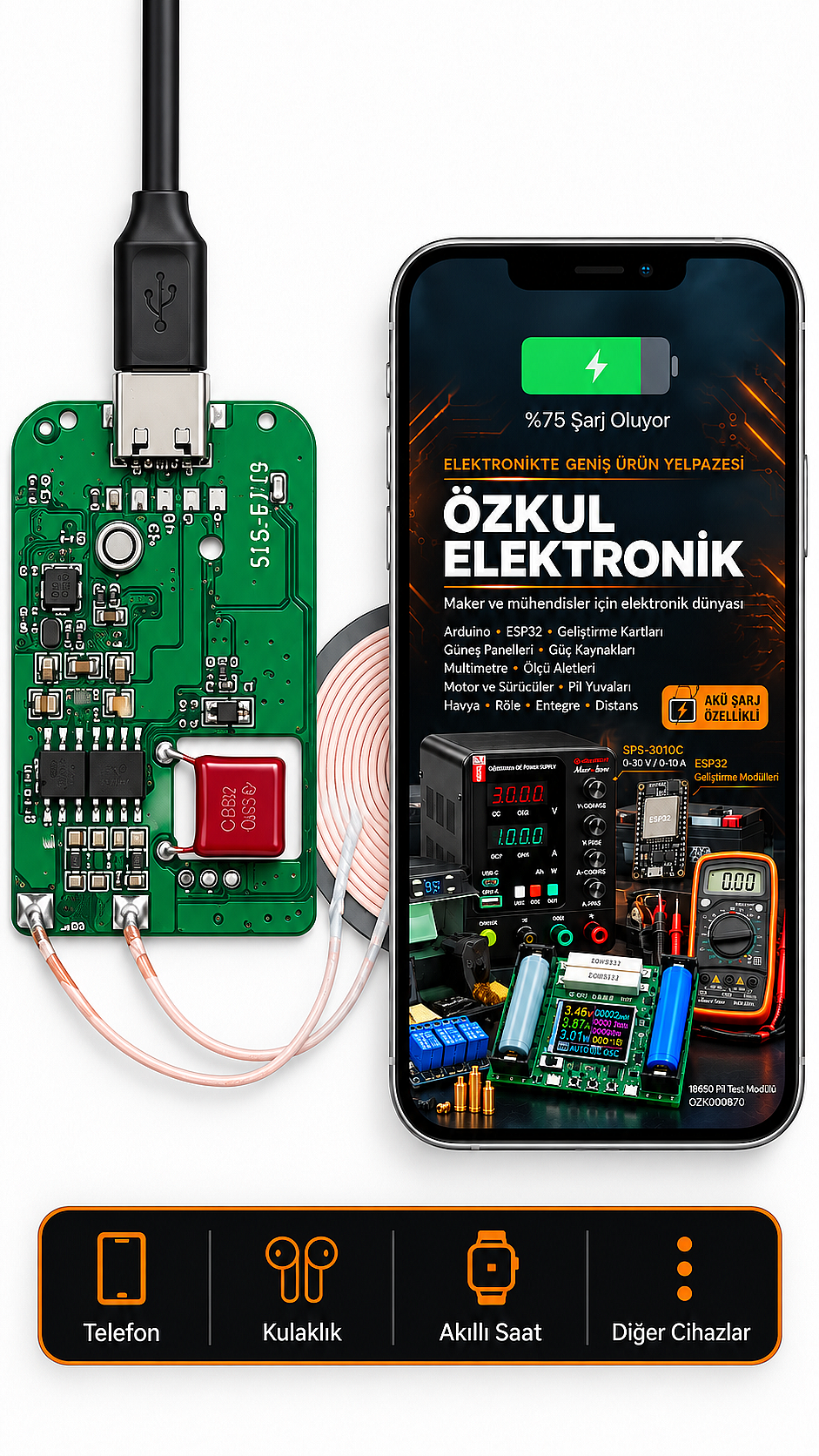 5125-FA Type-C Kablosuz Şarj Modülü – Qi Uyumlu Wireless Şarj Verici Devresi - 