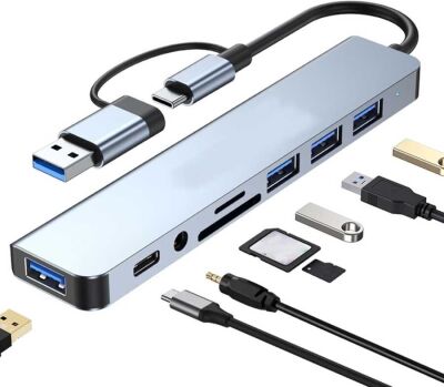 8 Girişli USB Hub Çoklayıcı | USB 3.0 Harici Güç Destekli Yüksek Hızlı Çoklayıcı Dönüştürücü PC Mac Laptop için (Windows 10/11 İle Uyumludur) - 1