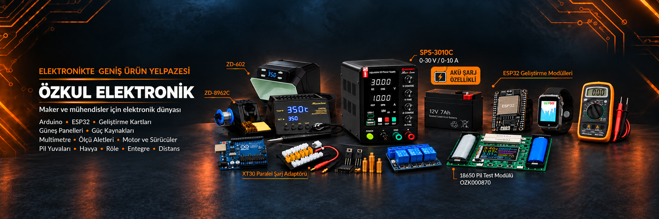 Özkul Elektronik: güç kaynakları, havya ve lehimleme ekipmanları, Arduino, ESP32, multimetre ve elektronik bileşenler
