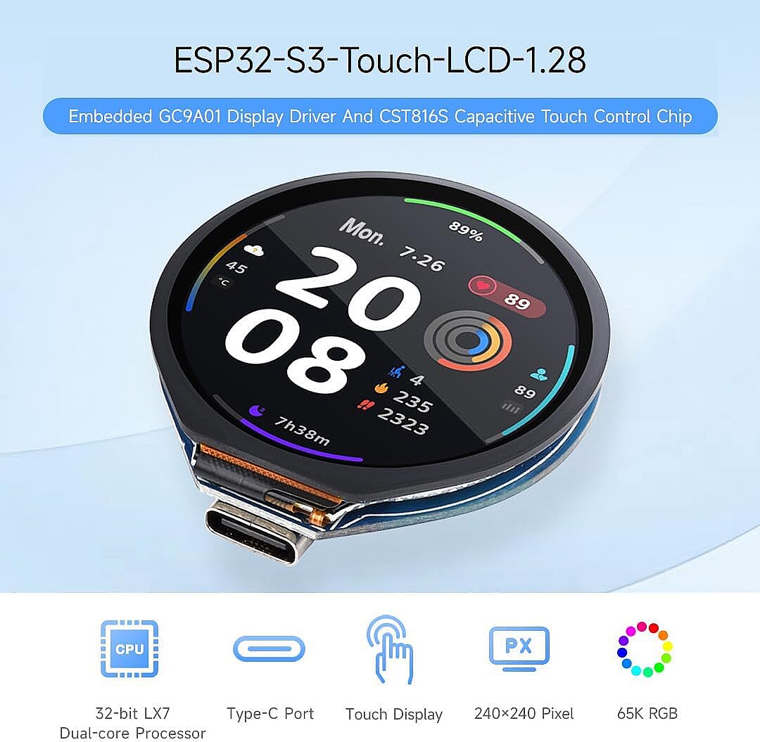 ESP32-S3 1.28 İnç Yuvarlak Dokunmatik LCD İvmeölçer ve Jiroskop Sensörlü Geliştirme Kartı - 2