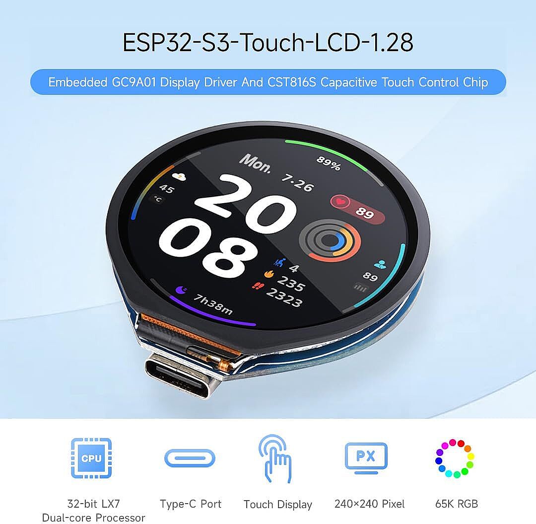ESP32-S3 1.28 İnç Yuvarlak Dokunmatik LCD İvmeölçer ve Jiroskop Sensörlü Geliştirme Kartı - 2