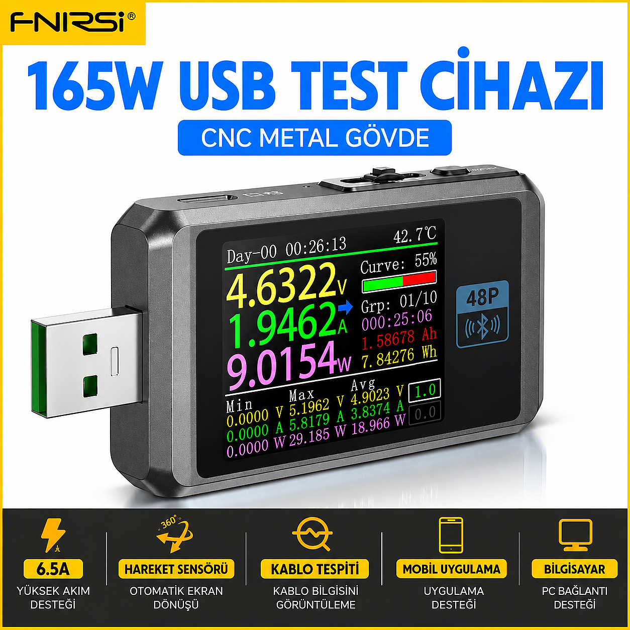 FNIRSI FNB48P 165W USB Type-C Test Cihazı – Bluetooth, PD Hızlı Şarj, Voltaj Akım Güç ve Kapasite Ölçer - 2