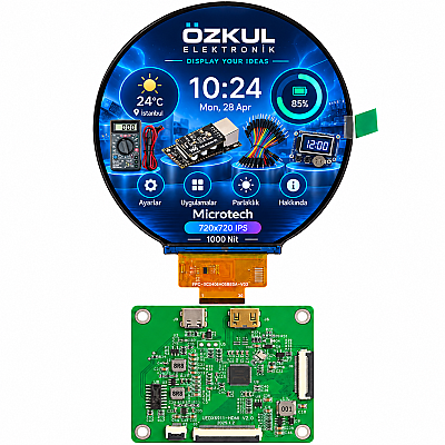 Microtech 4.0 İnç 720x720 IPS Yuvarlak TFT LCD Ekran ve Ekran Kartı – MIPI Arayüz, 1000 Nit - 