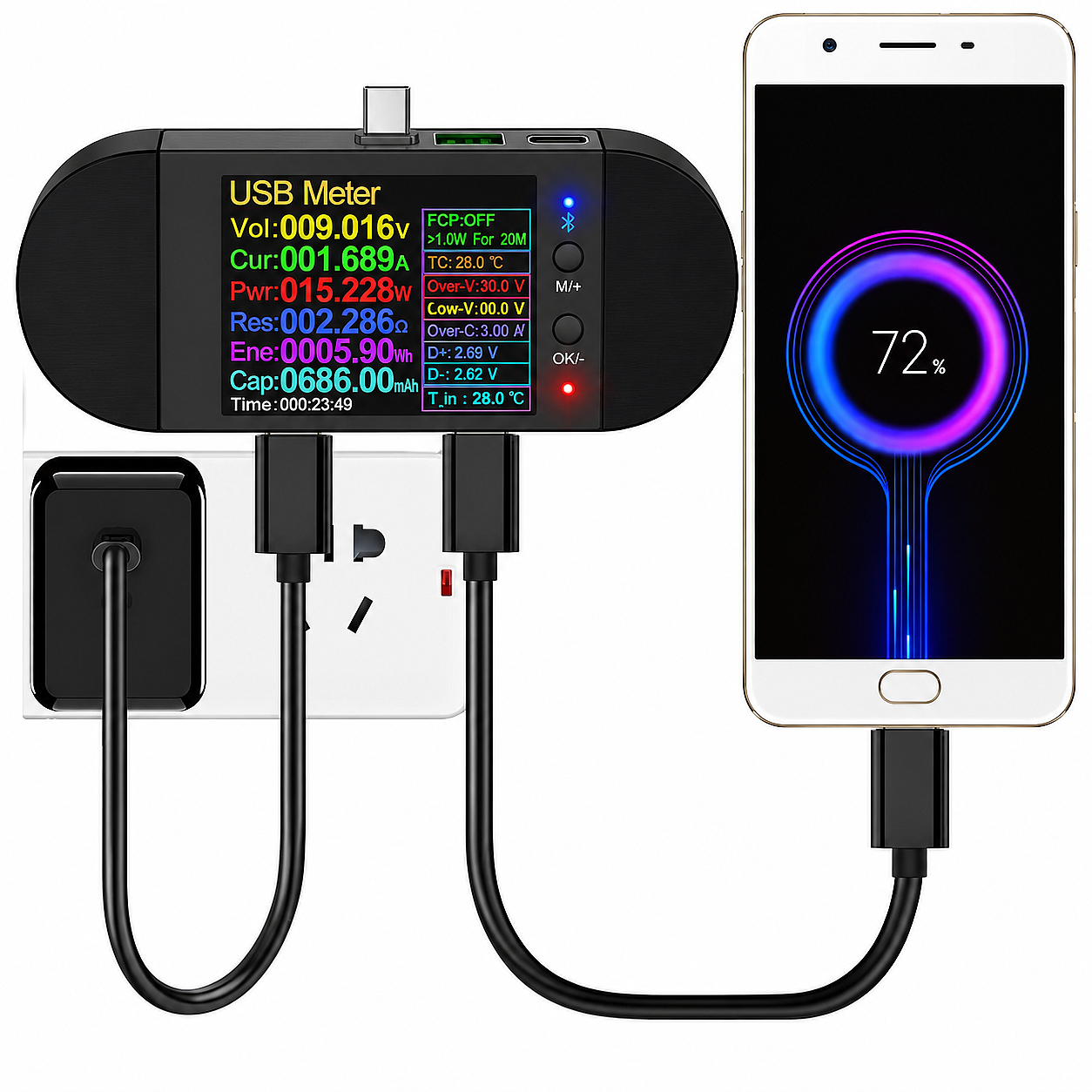 UD24 USB 2.4 Bluetooth Dijital Voltaj Akım Güç ve Kapasite Ölçer – DC 5.5 / Type-C / Micro USB Test Cihazı - 4