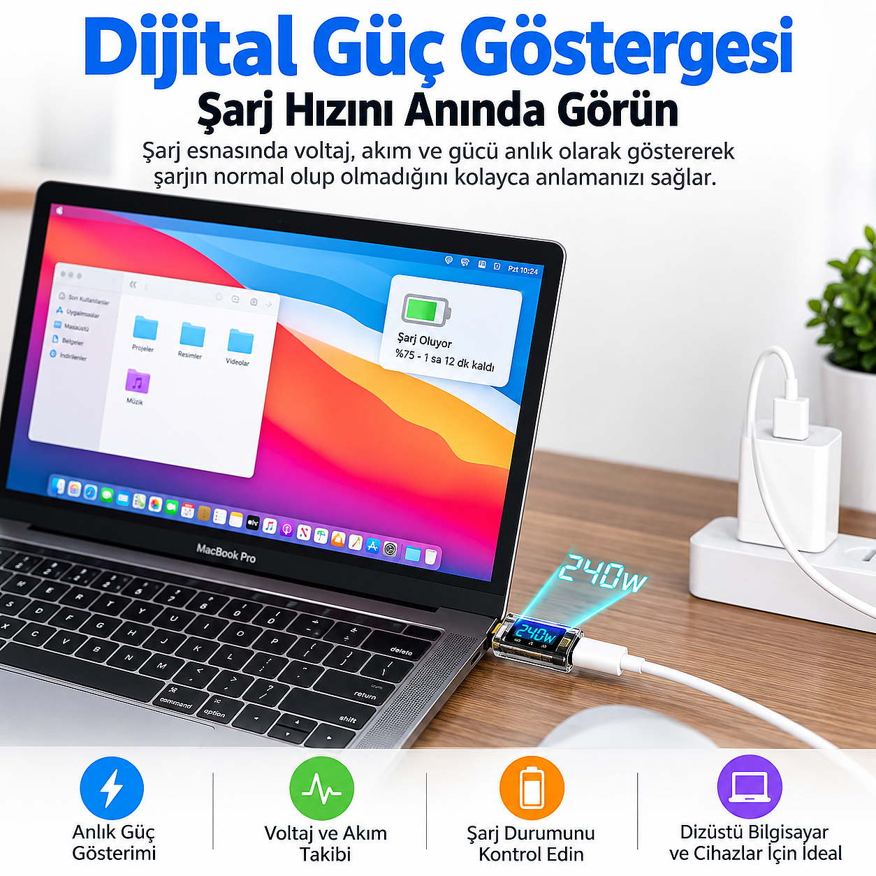 240W USB 3.1 Type-C Dijital Güç Ölçer Adaptör – 40Gbps Veri Aktarımı, 8K Görüntü Destekli Voltaj Akım Watt Göstergeli - 4