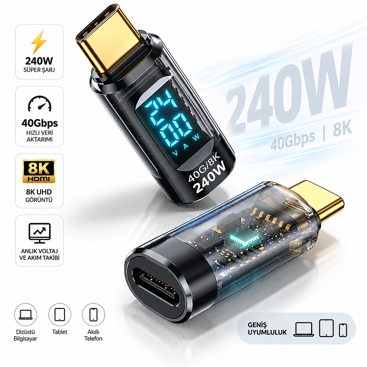 240W USB 3.1 Type-C Dijital Güç Ölçer Adaptör – 40Gbps Veri Aktarımı, 8K Görüntü Destekli Voltaj Akım Watt Göstergeli - 