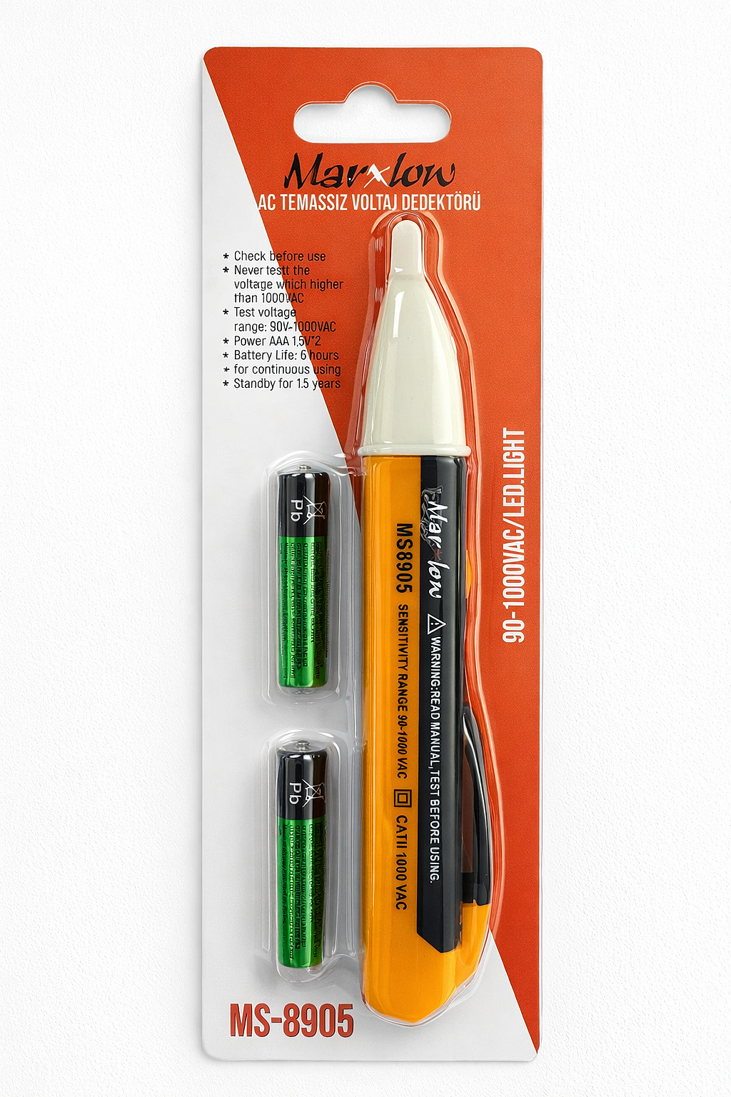 MS-8905 90-1000VAC Temassız Işıklı Sesli Faz Kontrol Kalemi - Voltaj Dedektörü - 1