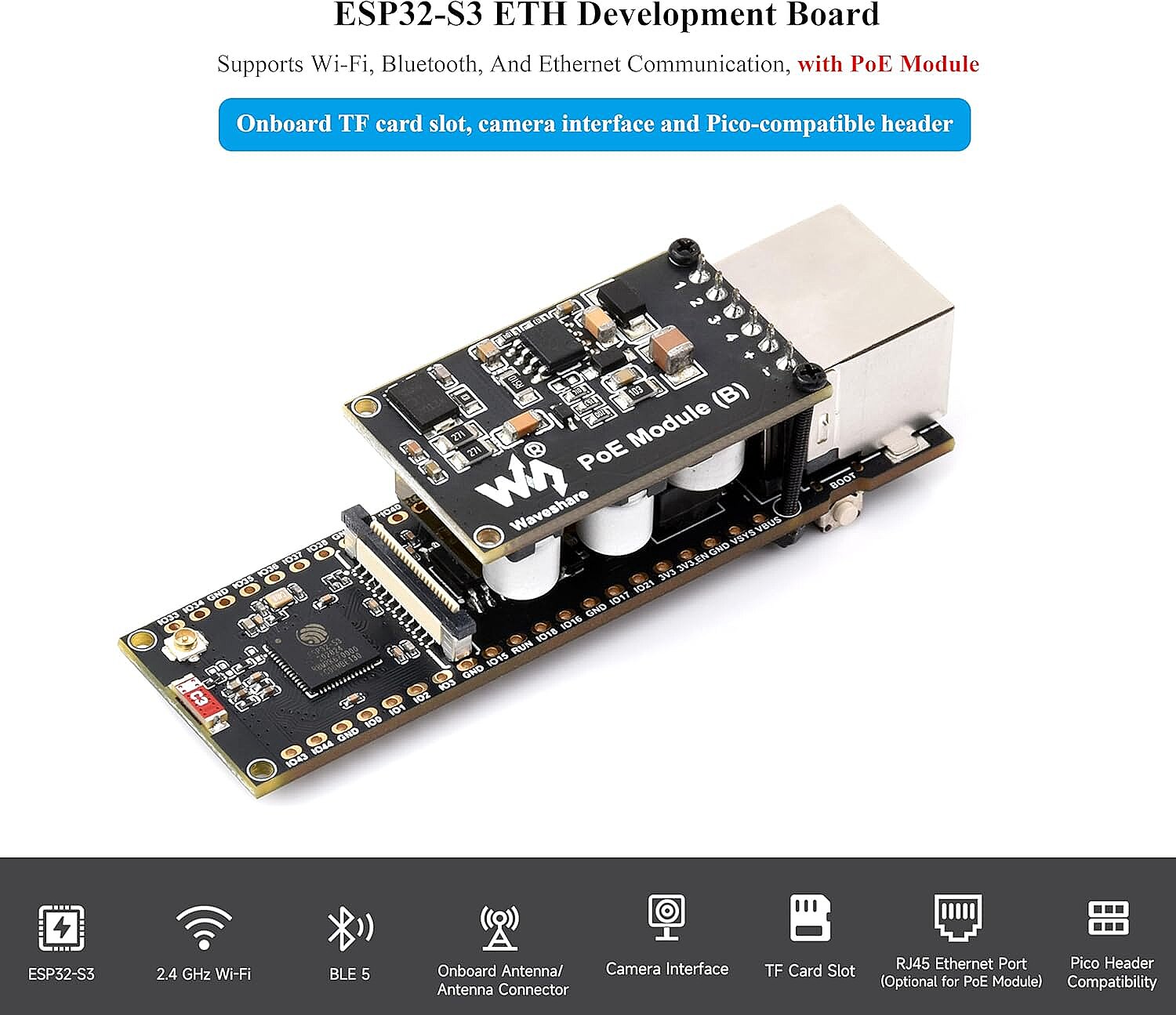 Waveshare ESP32-S3-POE-ETH Ethernet Geliştirme Kartı - Wi-Fi ve Bluetooth - PoE Modülü ile Birlikte (Çok Al Az Öde İle %20'ye Varan İndirimli) - 7