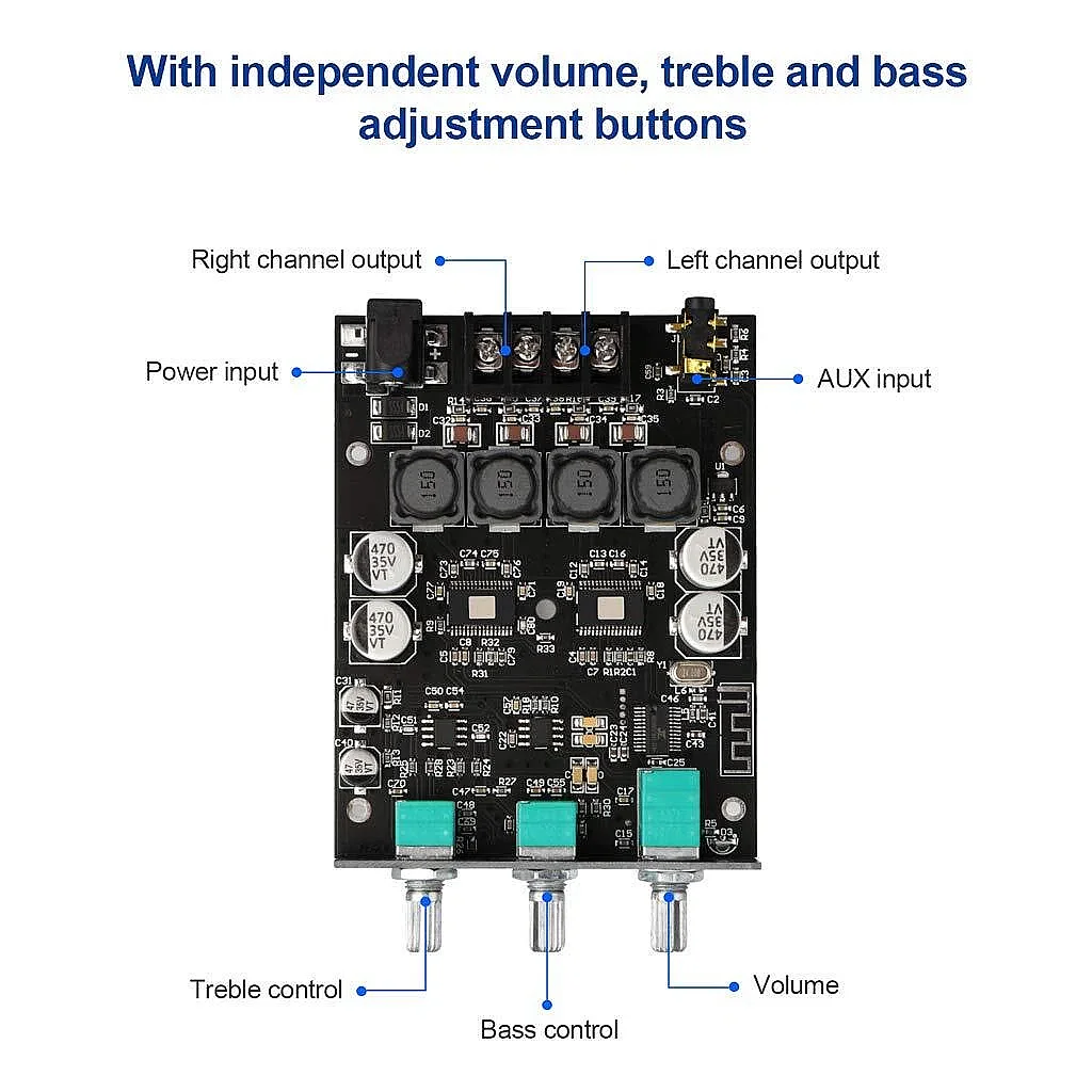 ZK-1002T 2x100W Bluetooth 5.0 TPA3116D2 Stereo Amfi Modülü – Bas/Tiz Kontrollü - 2