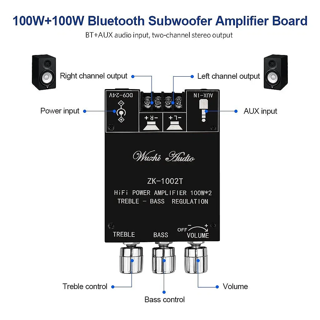 ZK-1002T 2x100W Bluetooth 5.0 TPA3116D2 Stereo Amfi Modülü – Bas/Tiz Kontrollü - 3