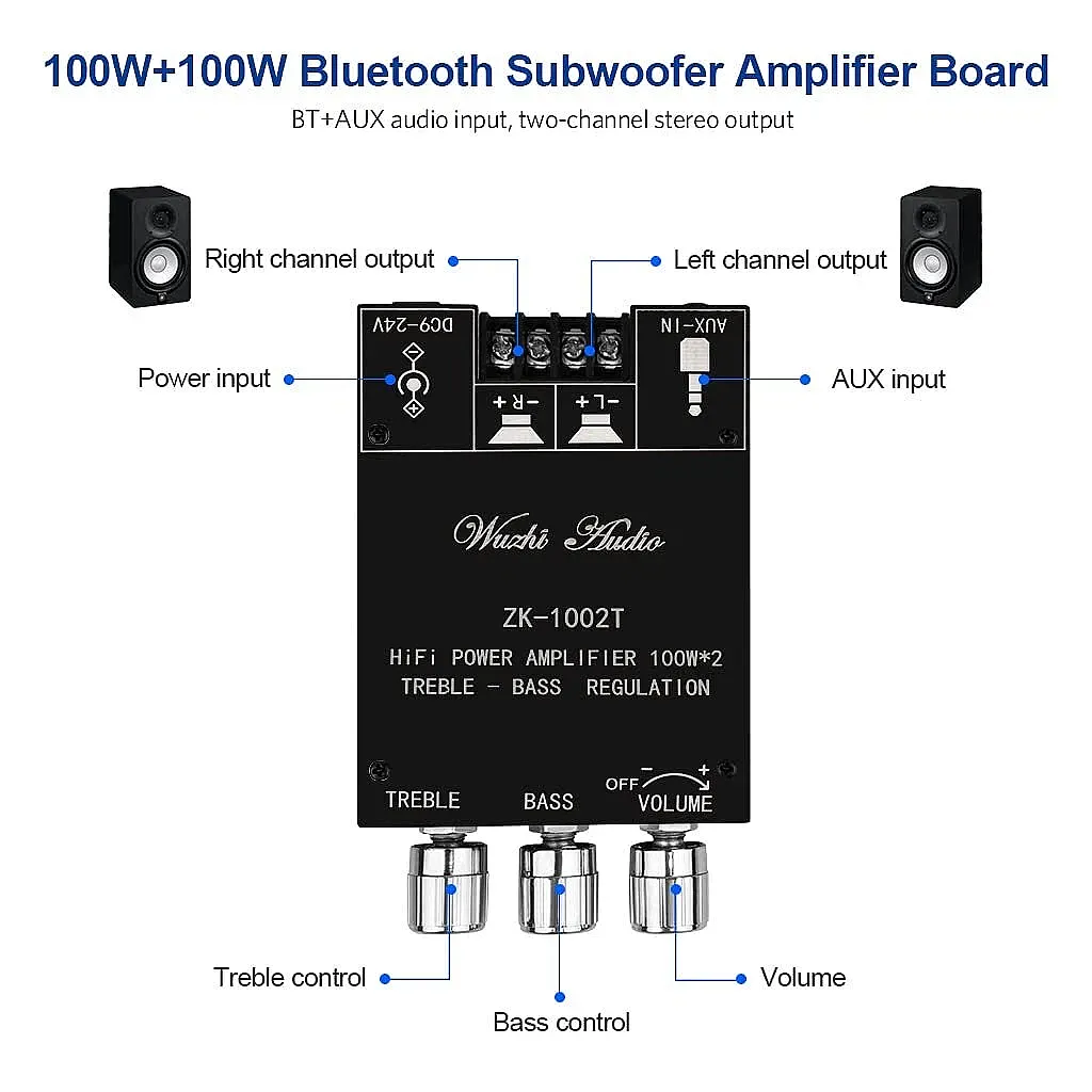 ZK-1002T 2x100W Bluetooth 5.0 TPA3116D2 Stereo Amfi Modülü – Bas/Tiz Kontrollü - 3